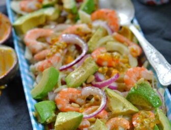 Salade fenouil, avocat, crevettes, oignons rouges, passion