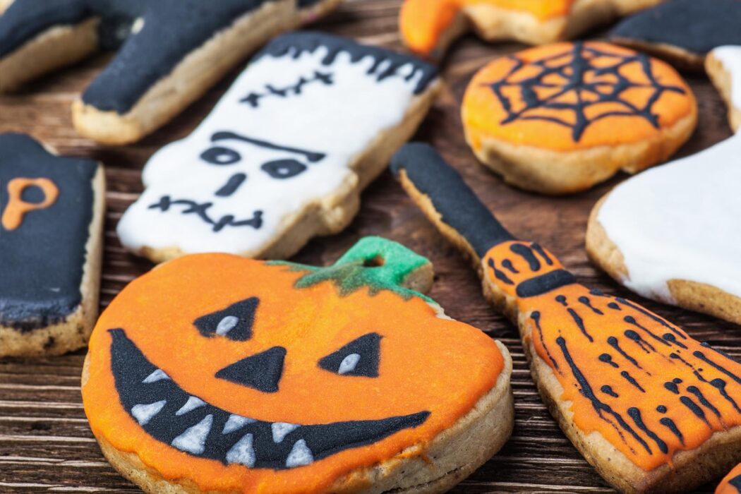Handmade Halloween cookies on a wooden table
