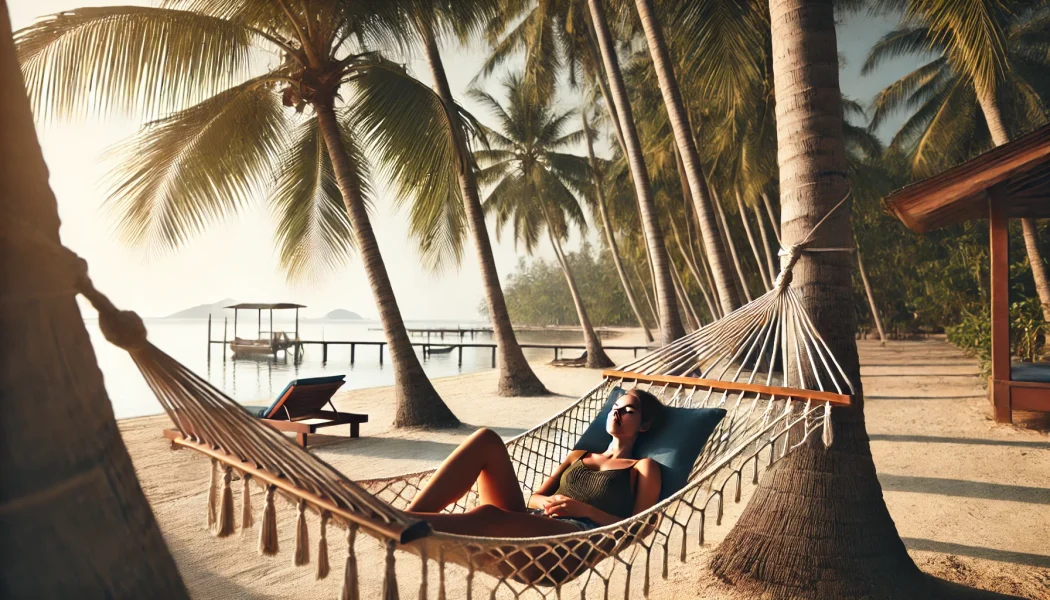 DALL·E 2024-08-06 13.36.21 – A person relaxing in a hammock under palm trees, looking serene and carefree